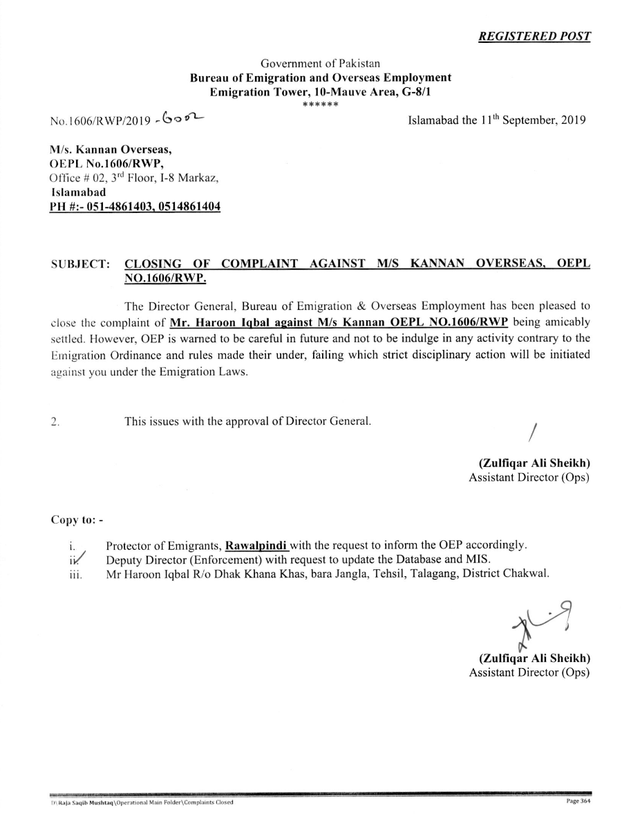 Issuance of warning to M/s Kanan Overseas Employment Promoters (OEPL No ...