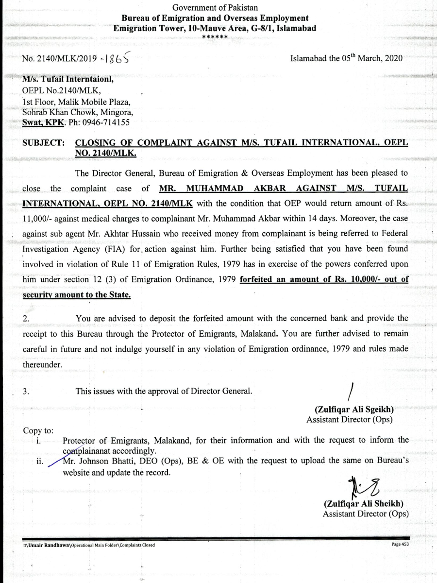 Imposition of penalty amount Rs. 10,000 against M/s Tufail ...