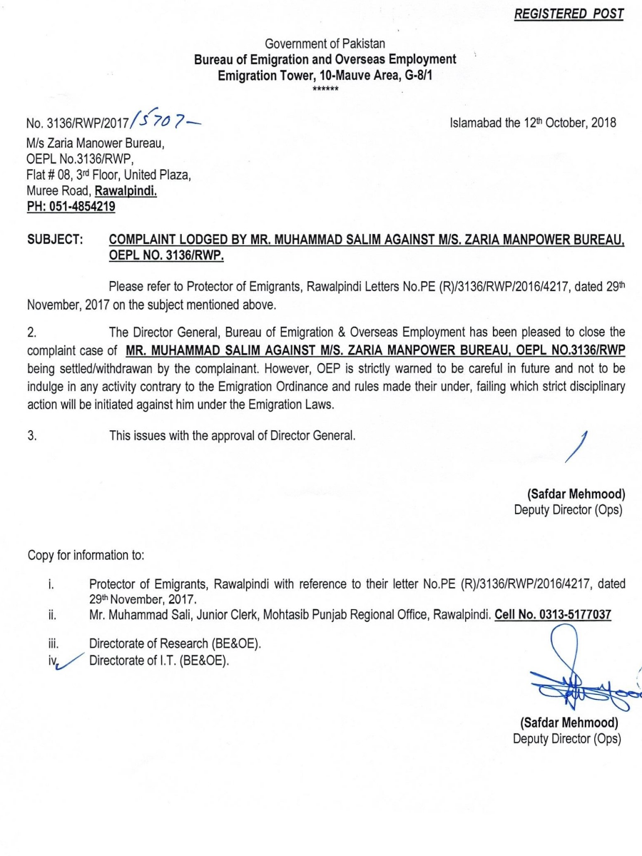 Issuance of warning to M/s Zaria Manpower Bureau (OEPL No. 3136 / RWP ...